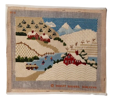 Vintage Crewel Embroidery Cross Stitch Winter Scene Ice Skaters Finished - Image 1 of 3
