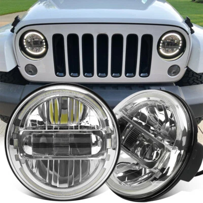 Chrome Pair 7" Round Halo LED Headlights Hi/Lo Beam For Jeep Wrangler JK TJ CJ - Image 1 of 4