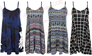 Ladies Long Camisole Cami Printed Strappy Swing Dress Vest Top Flared Sleeveless - Picture 1 of 5