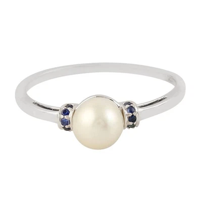 Fine Jewellery 10k White Gold Natural Pearl Blue Sapphire Ring Handmade Jewelry - Image 1 of 4