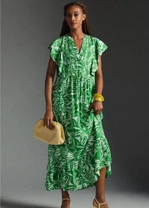 Anthropologie Maeve The Cassandra Maxi Dress Green White Size Medium Pockets - Picture 1 of 11