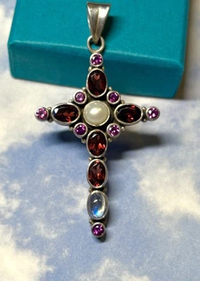 2.5” Nicky Butler Sterling Silver CROSS Garnet Pink Tourmaline Necklace Pendant - Image 1 of 2