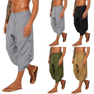 Herren Baumwolle Leinen 3/4 Haremshose Freizeit Baggy Locker Yoga Hippie Strandhose - Bild 1 von 24