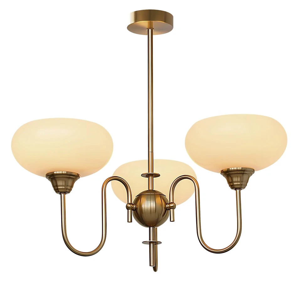 Lámpara de araña de vidrio antigua vintage de 3 luces de latón dorada semi al ras Mo... Foto 1 de 4