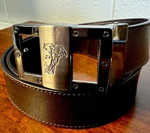 New Versace Brown Saffaino Leather Steel Medusa Buckle Belt 36-38 - Picture 1 of 8