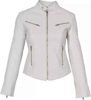 DESIGNER Women's White Leather Jacket Pure Lambskin Moto Biker Slim Fit jacket - Image 1 of 4