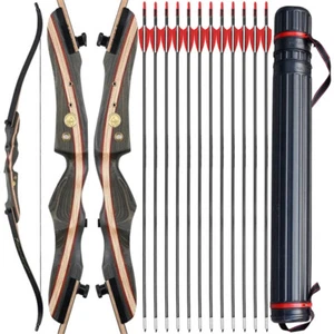 New 62" Takedown Wooden Recurve Archery Bow Fiberglass Arrow Shoot Huntin quiver - Picture 1 of 14