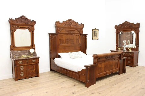 Victorian Antique Walnut & Marble 3 Pc Bedroom Set, King Bed #44688 Cover