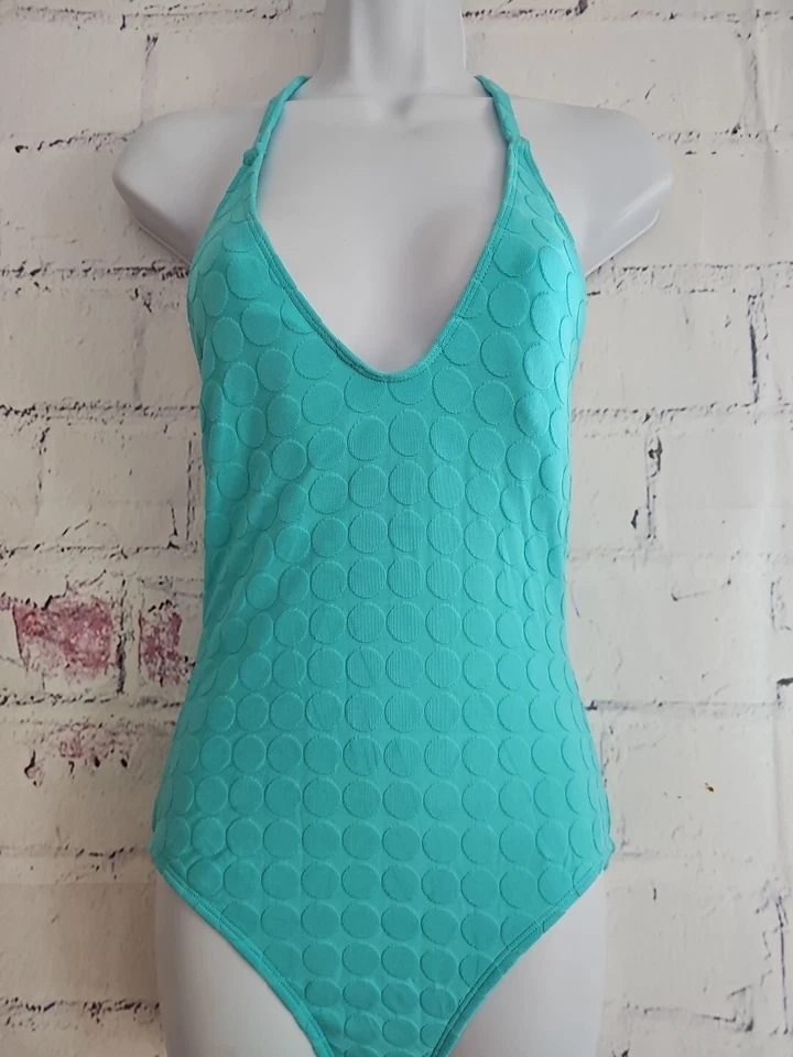La Blanca Seafoam Green Polka-Dot One Piece Swimsuit Medium Halter Tie Lined - Image 1 of 4
