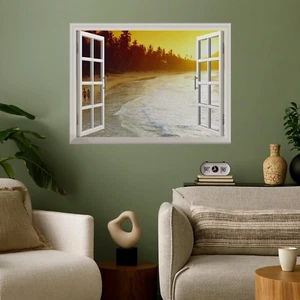Beach Waves with Sunset and Palm Trees Open Window Mural Wall Sticker - 36"X48" - Picture 1 of 7