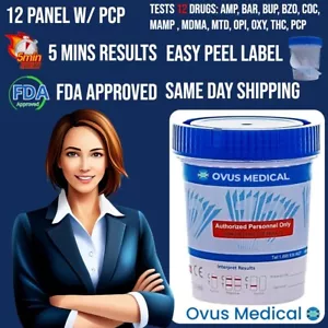 Kit de prueba de drogas en orina de 12 paneles (paquete/25 tazas) CLIA exento ovus médico - Imagen 1 de 8