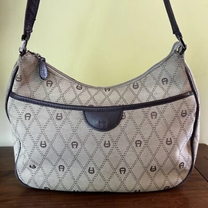 Etienne Aigner Handbag Signature Tan Canvas Faux Pebble Leather Shoulder Bag Y2K - Picture 1 of 18