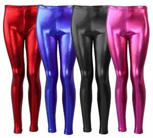 Kids Ladies Women's Girls Disco Metallic Shiny Pants Leggings - Picture 1 of 10
