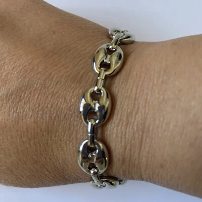 14k White gold Plated Puffy Puffed Anchor Mariner Link Chain Bracelet 1cm thick - Image 1 of 4