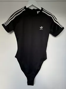 ADIDAS Womens Black Bodysuit UK 8 Small Short Sleeve Logo Pattern 3 Stripes VGC - Picture 1 of 7