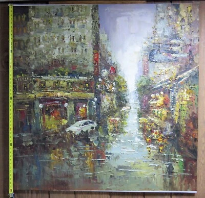 Óleo sobre lienzo Gran Pintura Ciudad Europea con coches. Firmado. Estirado. Foto 1 de 4
