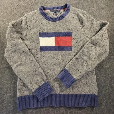Tommy Hilfiger Sweater Mens Medium Gray Flag Logo Crew Cotton Wool Luxury Blend - Image 1 of 4