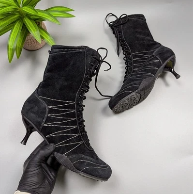 Y2K Black Suede Lace Up Heeled Mid Calf Boots Women’s EU39 US8 Goth Balletcore - Image 1 of 4