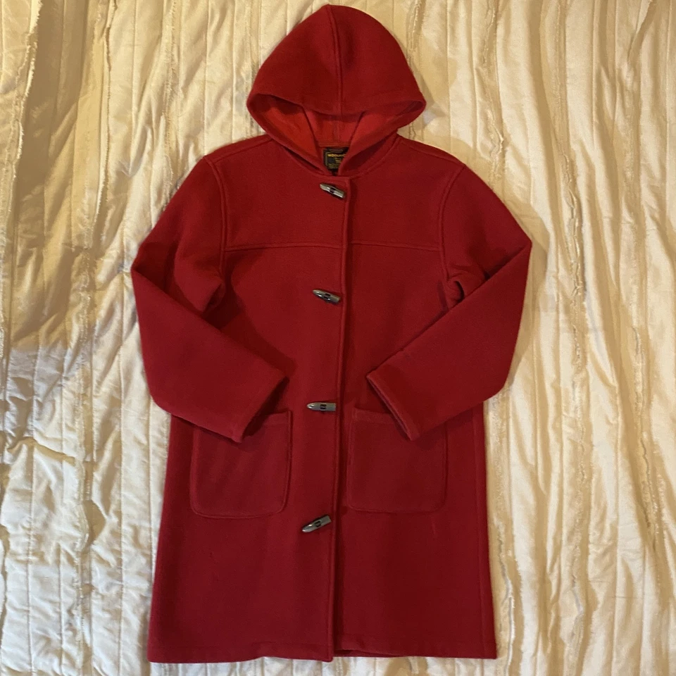 Abrigo Woolrich para mujer mediano rojo rubí con capucha mezcla de lana chaqueta de lona con palanca Foto 1 de 4