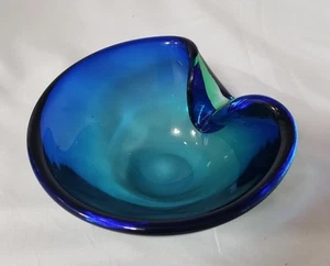 MCM Vtg 1960s Sommerso Murano Glass Ashtray Trinket Cobalt Blue to Green Italy - Picture 1 of 7