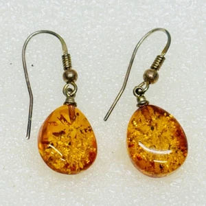 Cognac Brown BALTIC AMBER Teardrop Dangle Drop Hook Earrings • VG‼ FREE S/H‼ - Picture 1 of 3
