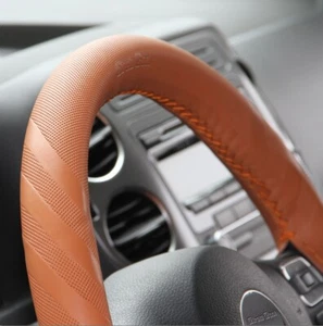 New 2016 Stitch On PVC Steering Wheel Skin Wrap Cover Orange Brown Needle+Thread - Picture 1 of 4
