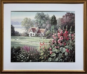 Raos "Hollyhock Manor" Framed Country Plate Signed Art Flowers Cottage NEW - Picture 1 of 3