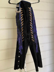 TRIBE AMERICA suede Motorcycle Riding Chaps Black /Studs /fringe faux bone 32-36 - Picture 1 of 12