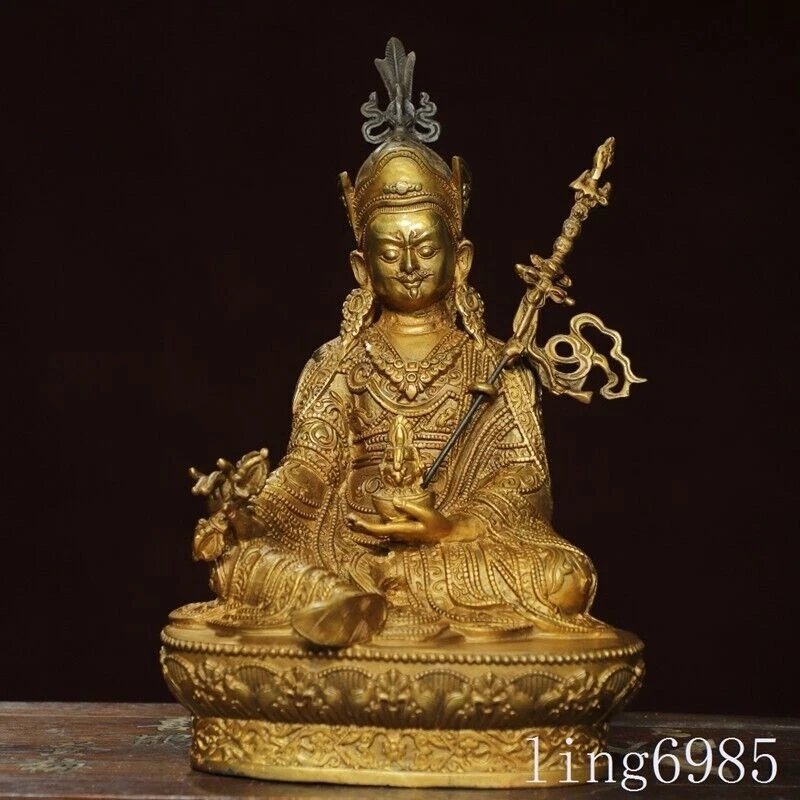12 «Тибетский буддизм бронзовая позолоченная статуя Гуру Ринпоче Падмасамбхавы Будды - Изображение 1 из 4