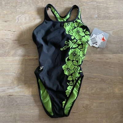 Traje de baño Speedo vintage negro verde corte alto trasero de una pieza talla 26 NUEVO Foto 1 de 4