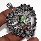 925 Silver Plated-Peridot Ethnic Gemstone Heart Design Pendant Jewelry 2.6" JW