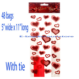 48 VALENTINE'S DAY Party bag CELLO Cellophane Goody Treat HEART PRINT candy BAGS