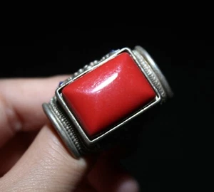 Chinese Antique tibet silver Ring red stone jade Ring Stone jade amulet 53 - Picture 1 of 10