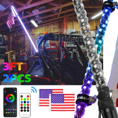 Antena de luz LED látigo espiral 2X 3 pies con bandera y control remoto para Kawasaki Teryx4 750 800 Foto 1 de 4