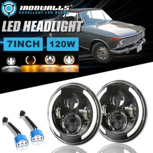 For BMW 2002 1966-1976 Pair 7" Round LED Headlights DRL Turn Signal Hi/Lo Beam - Foto 1 di 12