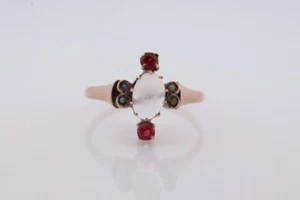 10k Victorian MOONSTONE cabochon TRIO Garnet and pearl seed Claw set ring. - Picture 1 of 6