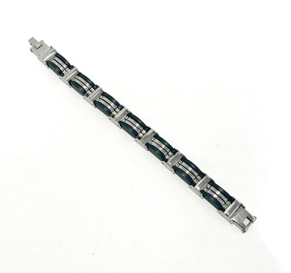 Nueva pulsera de eslabones de acero inoxidable y goma negra de 8,5" 26G bolsa de regalo incluida Foto 1 de 1