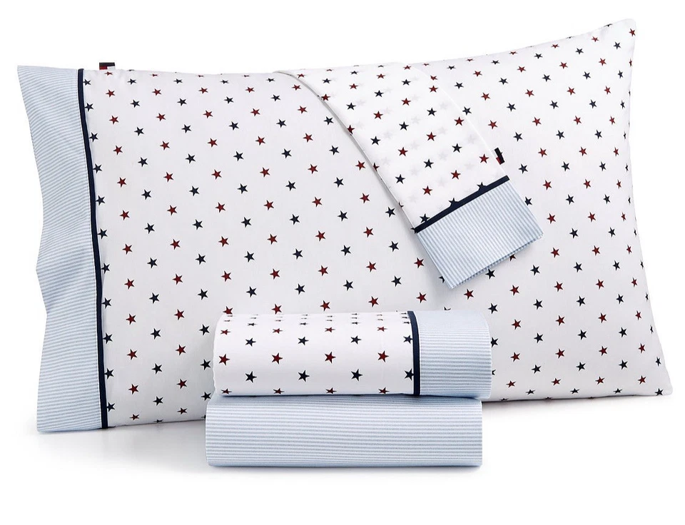 TOMMY HILFIGER Union Stars Red White Blue TWIN XL Sheet Set  Cowboy Western NIP - Image 1 of 4