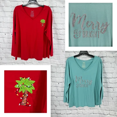 Lote de 2 tops de Navidad para mujer 4X Plus rojo palmera y azul plata brillo Foto 1 de 4