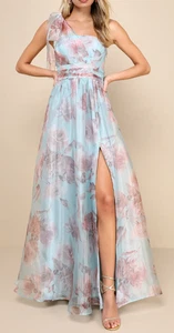 Lulus dramatisch schönes blaues geblümtes One-Shoulder-Maxikleid 2X - Bild 1 von 7