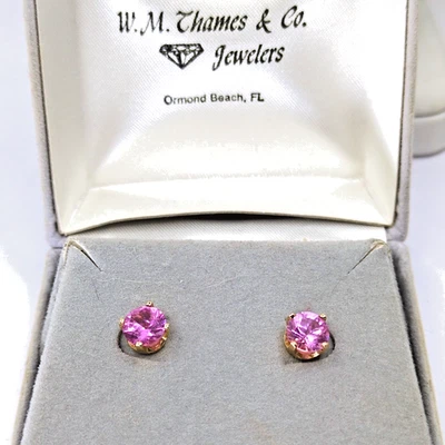 14k Yellow Gold 6mm Lab-Created Pink Gemstone Earrings Studs Womens Fine Jewelry - Image 1 of 4