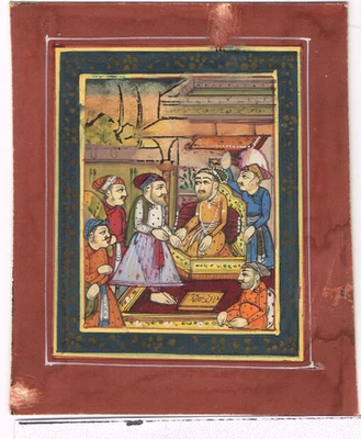 Arte de colección - Pintura india del emperador Shahjahan escena de la corte 2,5 x 2,75 pulgadas Foto 1 de 4