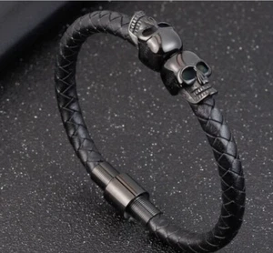 Men / Women Black Skull Head Black Braided Leather Magnetic Bracelet/Bangle 7-9" - Picture 1 of 5