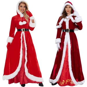 Women Christmas Velvet Maxi Dress Mrs Santa Claus Cosplay Costume Party Dress Up - Picture 1 of 20