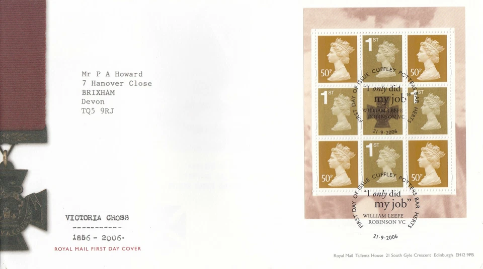 Victoria Cross Booklet Pane GB FDC Cuffley Potters Bar 2006 (93630) - Image 1 of 1