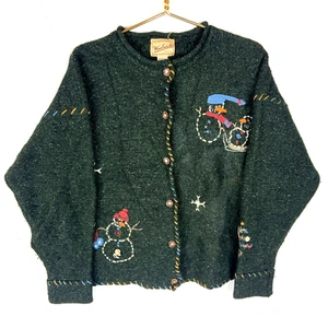 Vintage Woolrich Knit Wool Cardigan Sweater Women’s Medium Green Crewneck 90s - Picture 1 of 3