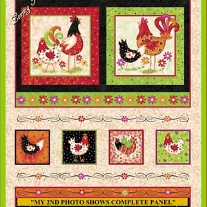 QT HUTTO "PECKING ORDER" 24697-X CHICKENS ROOSTERS FABRIC PANEL 23.5" X 43" - Picture 1 of 2
