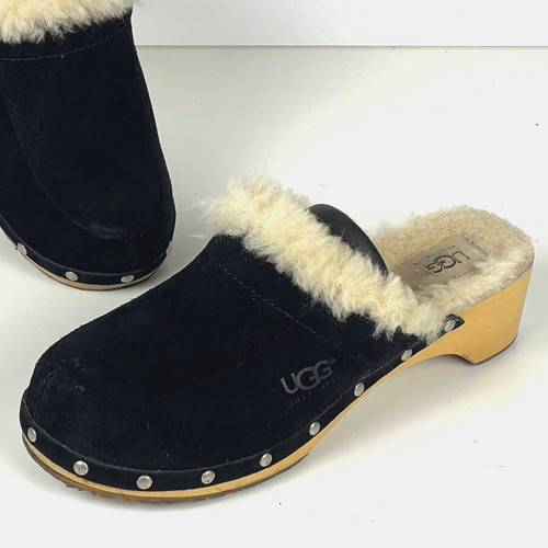 Zoccoli in legno UGG Australia 5426 Kalie neri scamosciati foderati in pelle di pecora donna US 8