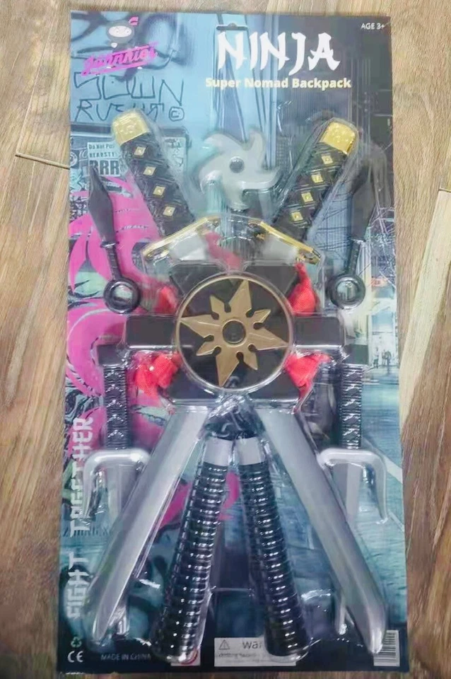 100% PLASTIC Kids Ninja Sword Toy Weapons Set Backpack Teenage Ninja Fancy Dress - Image 1 of 1