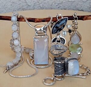 LOT OF 5 STERLING SILVER MOONSTONE AND OTHER GEMS JEWELRY INCLUDING LORI BONN